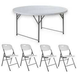 Mesa Plegable Redonda + 4 Sillas Plegables - Blanco